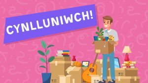 Cartŵn o ddyn ifanc yn dal bocs o eitemau’r cartref ac yn sefyll o flaen bocsys symud. Mae'r testun o dan y cartŵn yn dweud "Cynlluniwch!"