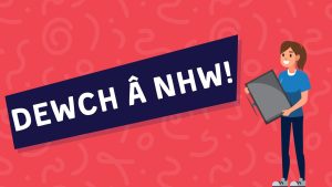 Cartŵn o ferch ifanc yn dal teledu. Mae'r testun o dan y cartŵn yn dweud "Dewch â nhw!"