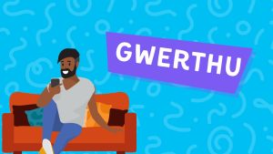 Cartŵn o ddyn ifanc yn eistedd ar soffa ac yn edrych ar ei ffôn symudol. Mae'r testun o dan y cartŵn yn dweud "Gwerthwch!"