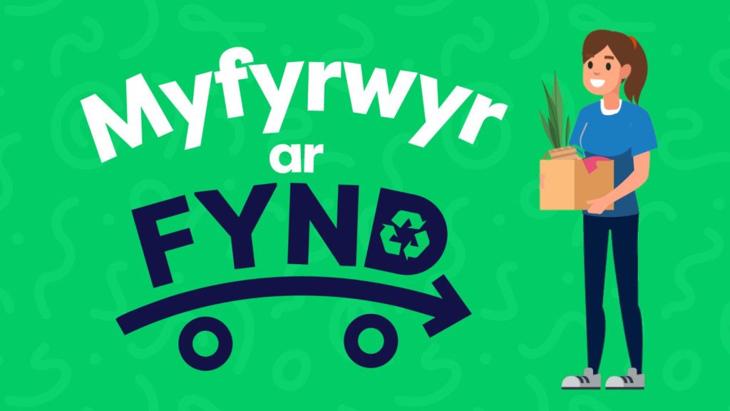Cartŵn o ferch ifanc yn dal bocs o eitemau’r cartref. Mae'r testun o dan y cartŵn yn dweud "Myfyrwyr ar Fynd"