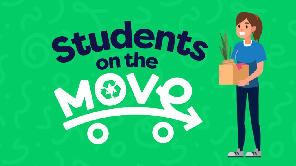 Cartoon of a young woman holding a box of household items. Text reads “Students on the move”